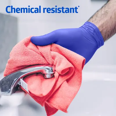 Communicates that the gloves are chemical resistant, reassuring shoppers they can safely handle cleaning chemicals and harsh substances.