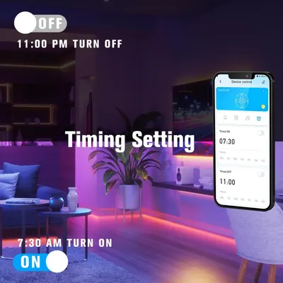 Demonstrates the product's ability to automatically turn on and off at scheduled times (7:30 AM on, 11:00 PM off), providing convenience and energy efficiency for smart lighting control.