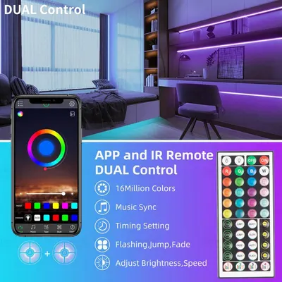 Communicates the comprehensive control options and customization features of the LED lighting system, emphasizing versatility through dual control methods (app and remote) and multiple lighting…