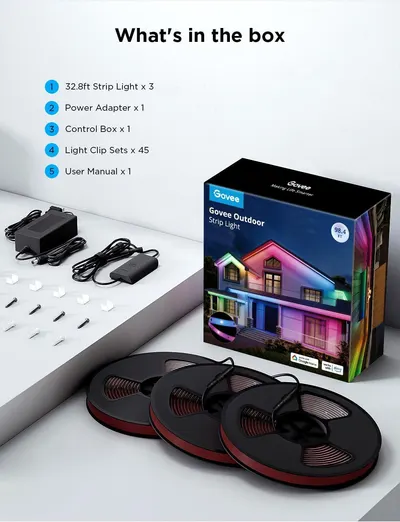 Shows everything included in the package to reassure shoppers they're getting a complete outdoor strip light kit with all necessary components and accessories.