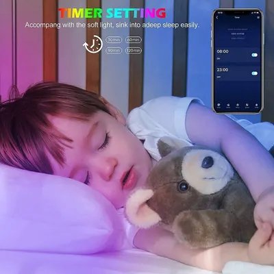 Demonstrates the product's timer functionality with soft light feature to help children fall asleep easily, reassuring parents of its sleep-friendly design.
