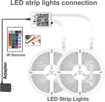 Shows all components included in the package—LED strip lights, IR remote control, controller unit, and power adapter—to help shoppers understand what they receive and how the system connects together.