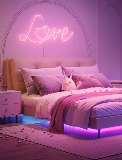 Showcases the product in a real-world bedroom setting to help shoppers visualize how the LED lighting creates atmosphere and enhances their living space.