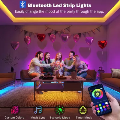 Demonstrates the LED strip lights in a party setting while highlighting multiple control features available through the Bluetooth app, reassuring shoppers of versatile customization options.