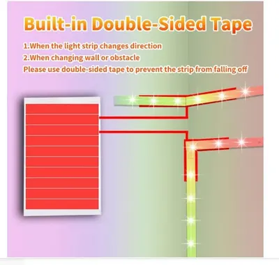 Instructs shoppers on when and how to use the built-in double-sided tape to secure LED light strips at direction changes and obstacles, preventing the strip from falling off. Highlights the…