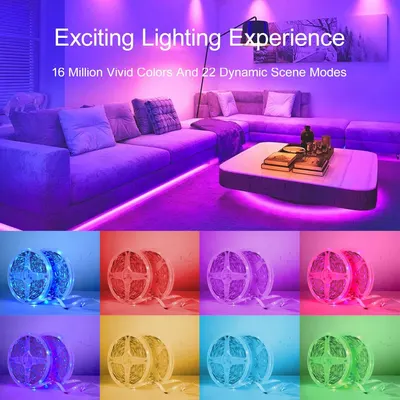 Demonstrates the LED strip lighting product's versatility and customization options by showcasing multiple vivid color options and dynamic scene capabilities to help shoppers visualize the exciting…