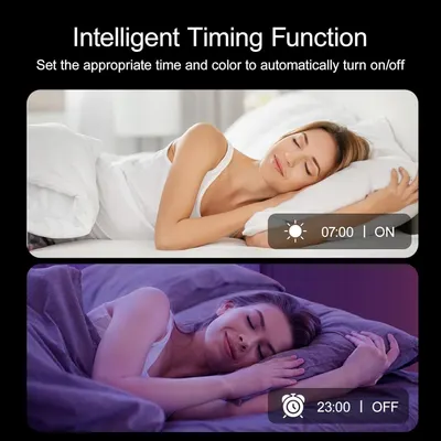 Demonstrates the product's smart timer feature that allows users to schedule automatic on/off times and color settings, emphasizing convenience and automation for daily routines like waking up and…