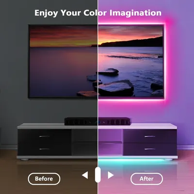 Demonstrates the visual transformation of a room when the product's LED backlighting feature is activated, showing enhanced ambiance and color vibrancy to convince shoppers of the aesthetic upgrade.