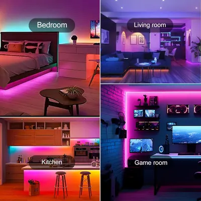 Demonstrates the versatility of the LED lighting product by showing it installed and working effectively in four different room types, reassuring shoppers that it can be used throughout their entire…