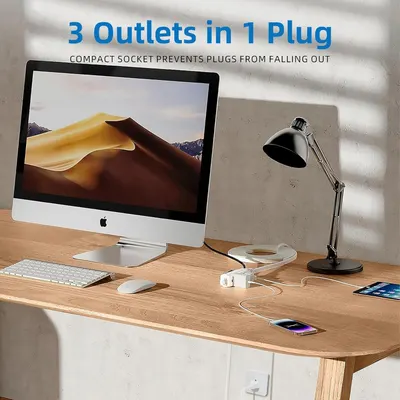 Communicates the product's capacity to expand one outlet into three, emphasizing convenience and space-saving functionality for shoppers with multiple devices. Highlights the compact design and…