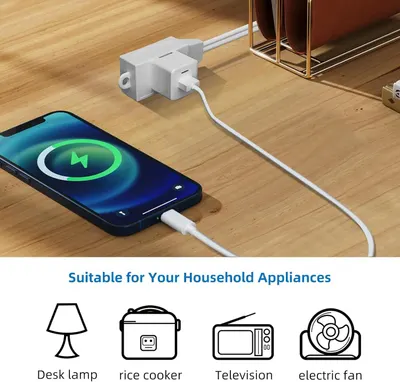 Demonstrates the versatility of the charging adapter by showing it can power multiple household appliances (desk lamp, rice cooker, television, electric fan), reassuring shoppers of its broad…