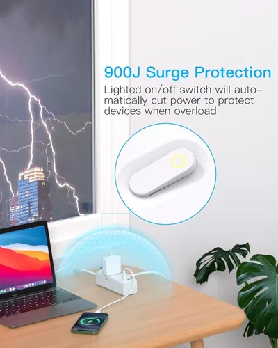 Communicates the product's surge protection capability and automatic power cutoff feature to reassure shoppers that their devices will be protected during electrical overloads or storms.