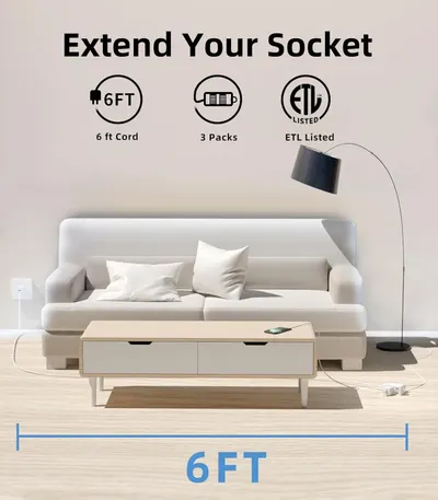 Communicates multiple key product features including cord length, pack quantity, and safety certification to help shoppers understand the value and specifications of the extension cord product.