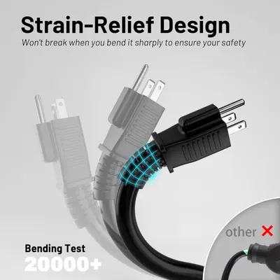 Communicates that the product features a strain-relief design that prevents breakage when bent sharply, emphasizing safety and durability for the shopper.