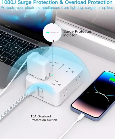 Highlights the product's key safety components—the surge protector indicator and overload protection switch—to reassure shoppers that their devices are protected from electrical hazards.…