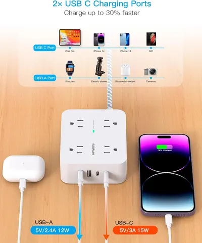 Demonstrates the wide range of devices that can be charged using the product's USB-C and USB-A ports, showing compatibility with phones, tablets, watches, cameras, and other electronics to reassure…