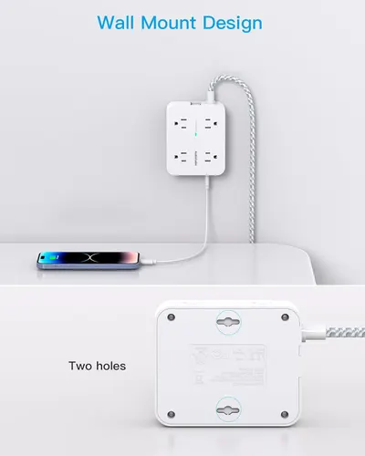 Demonstrates the product's wall-mountable design feature, showing how the power strip can be conveniently mounted on a wall to save space and keep charging organized.