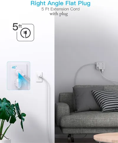 Communicates multiple benefits of the extension cord including its right-angle flat plug design, 5-foot length, and space-saving functionality in a real-world bedroom setting.
