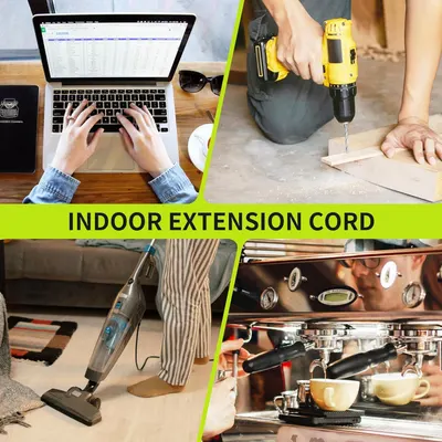 Demonstrates the extension cord's versatility by showing it can be used in multiple indoor scenarios including office work, DIY projects, cleaning, and kitchen appliances.