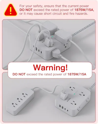Communicates critical safety information about the product's maximum power rating (1875W/15A) to prevent short circuits and fire hazards, reassuring shoppers about safe usage limits. Highlights the…