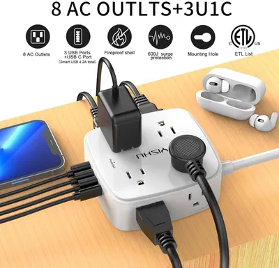 Communicates multiple key features and benefits of the power strip in a segmented icon layout, reassuring shoppers of its capacity, safety certifications, and versatility.