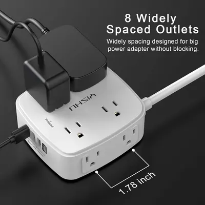 Communicates the 1.78 inch spacing between outlets to reassure shoppers that large power adapters can fit without blocking adjacent outlets. Highlights the widely spaced outlet design as a key…