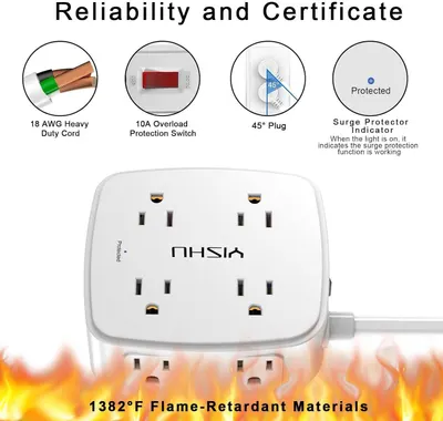 Communicates multiple safety and reliability features of the surge protector to reassure shoppers about product quality, durability, and protection capabilities.