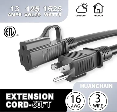 Communicates multiple technical specifications and features of the extension cord in a segmented layout, including power capacity, safety certification, versatility of use locations, length, and…