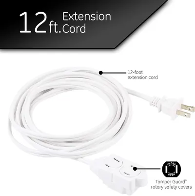 Highlights the key physical components of the extension cord—its 12-foot length and the Tamper Guard safety covers—to help shoppers understand what makes this product safe and functional.