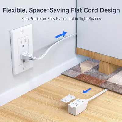 Demonstrates how the flat cord design allows the product to fit in tight spaces behind furniture and along walls, solving the problem of bulky cords in cramped areas.