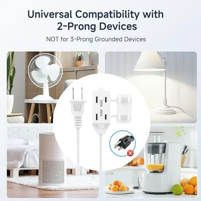 Demonstrates the multiple household devices and appliances that are compatible with the product, showing its versatility across fans, lamps, air purifiers, and blenders while clarifying it does not…