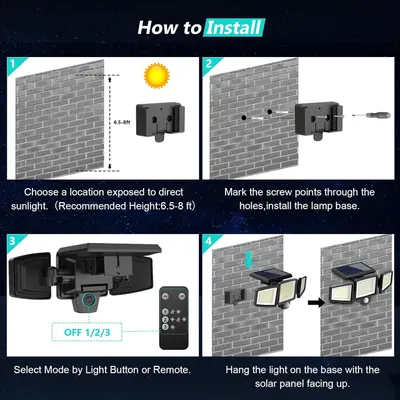 Provides step-by-step installation instructions for mounting and setting up the solar-powered outdoor light, showing shoppers exactly how to install the product from choosing location to final setup.