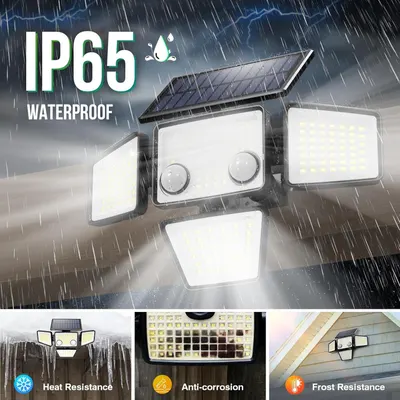 Communicates the product's durability and weather resistance across multiple environmental conditions, reassuring shoppers that the solar light can withstand rain, extreme temperatures, and corrosion.