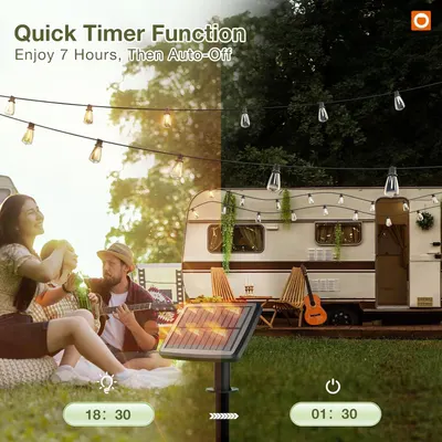Communicates the convenience of a timer feature that allows the solar lights to automatically turn off after 7 hours, providing ease of use and energy efficiency for outdoor settings.