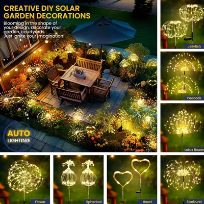 Showcases the brand's full product line of decorative solar garden lights in various shapes (jellyfish, peacock, lotus flower, heart, starburst, spherical) to help shoppers choose from available…