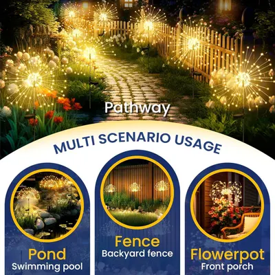 Demonstrates the versatility of the decorative solar lights by showing multiple outdoor use cases including pathways, swimming pools, backyard fences, and front porches to help shoppers visualize…