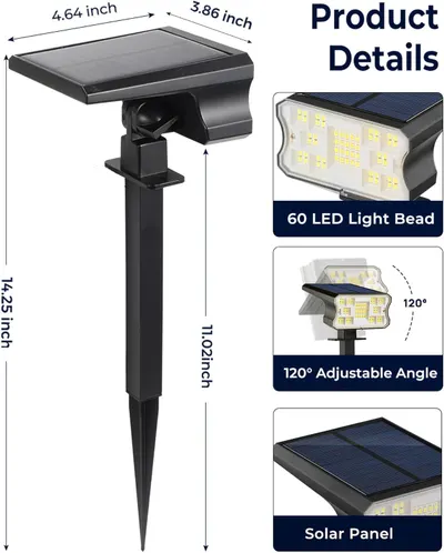 Communicates the exact physical dimensions of the solar light to help shoppers understand its size and ensure it fits their intended space. Highlights multiple key product features in a segmented…