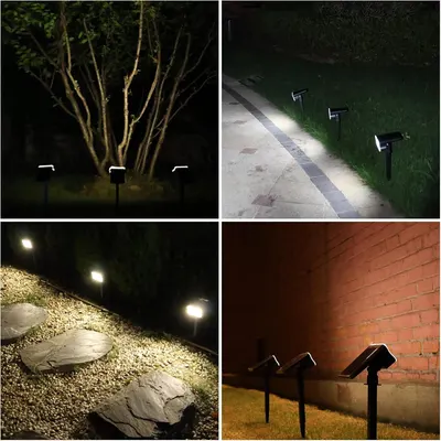 Demonstrates the versatility of the solar lights by showing them in multiple real-world outdoor applications including pathways, gardens, tree uplighting, and wall accent lighting to help shoppers…