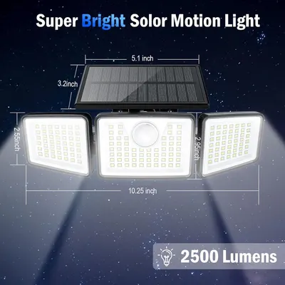 Communicates the exact physical dimensions of the solar motion light to help shoppers understand its size and ensure it fits their intended installation space. Highlights the powerful 2500 lumen…