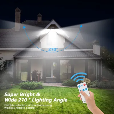 Communicates the product's wide 270-degree coverage angle to show shoppers how effectively the light illuminates a large outdoor area. Highlights the product's brightness, wide lighting coverage,…