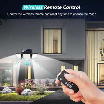 Highlights the convenience of controlling the solar security light remotely from anywhere using the included wireless remote, allowing users to easily choose lighting modes.
