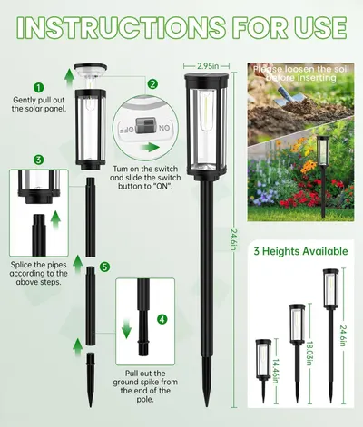 Provides step-by-step instructions for assembling and installing the solar garden light, showing shoppers how to set up the product correctly and easily.