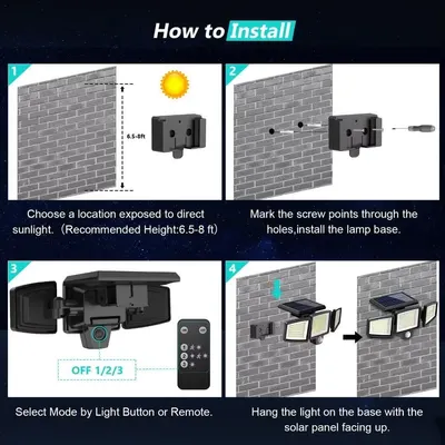 Provides clear step-by-step installation instructions for mounting and setting up the solar-powered outdoor light, helping shoppers understand the ease of installation process.