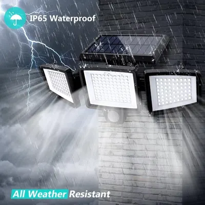 Communicates that the solar lights are IP65 waterproof and can withstand harsh weather conditions including rain and storms, reassuring shoppers of outdoor durability.