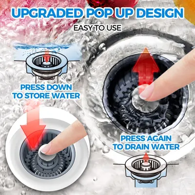 Demonstrates the step-by-step operation of the upgraded pop-up drain design, showing shoppers how to press down to store water and press again to drain, emphasizing ease of use. Highlights the…