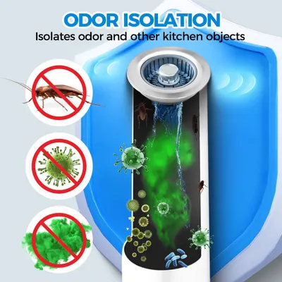Communicates that the product isolates odors and prevents pests and germs from entering the kitchen drain, providing cleanliness and hygiene reassurance.