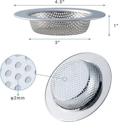 Communicates the exact physical dimensions of the drain strainer (4.5" outer diameter, 3" basket diameter, 1" height) and the 2mm hole size to help shoppers verify fit and understand the product's…