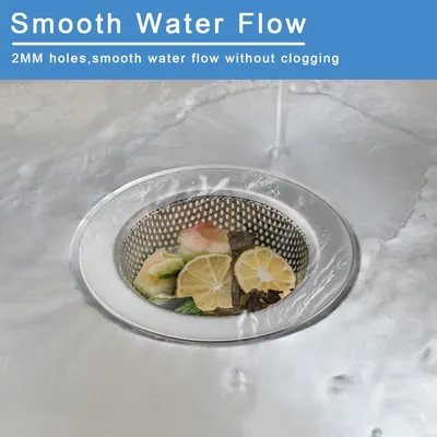 Highlights the physical design feature of 2MM holes in the drain strainer that allow smooth water flow while preventing clogging from food debris. Communicates the key benefit that the product…