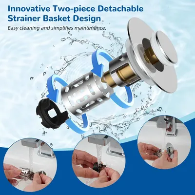Demonstrates the exploded view of the strainer basket's detachable components with directional arrows to show how the parts separate for easy cleaning and maintenance. Shows the step-by-step process…