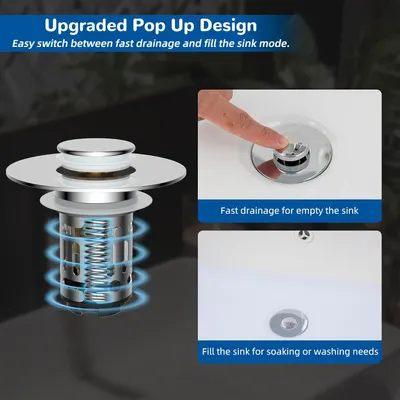 Demonstrates how to use the upgraded pop-up drain design by showing the two modes: fast drainage and fill-the-sink mode, reassuring shoppers of its ease of use and versatility. Shows the two…